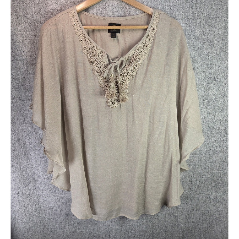 JM Collections Beige Womens Woven Flowy Pullover Boho Blouse XL Tasseled